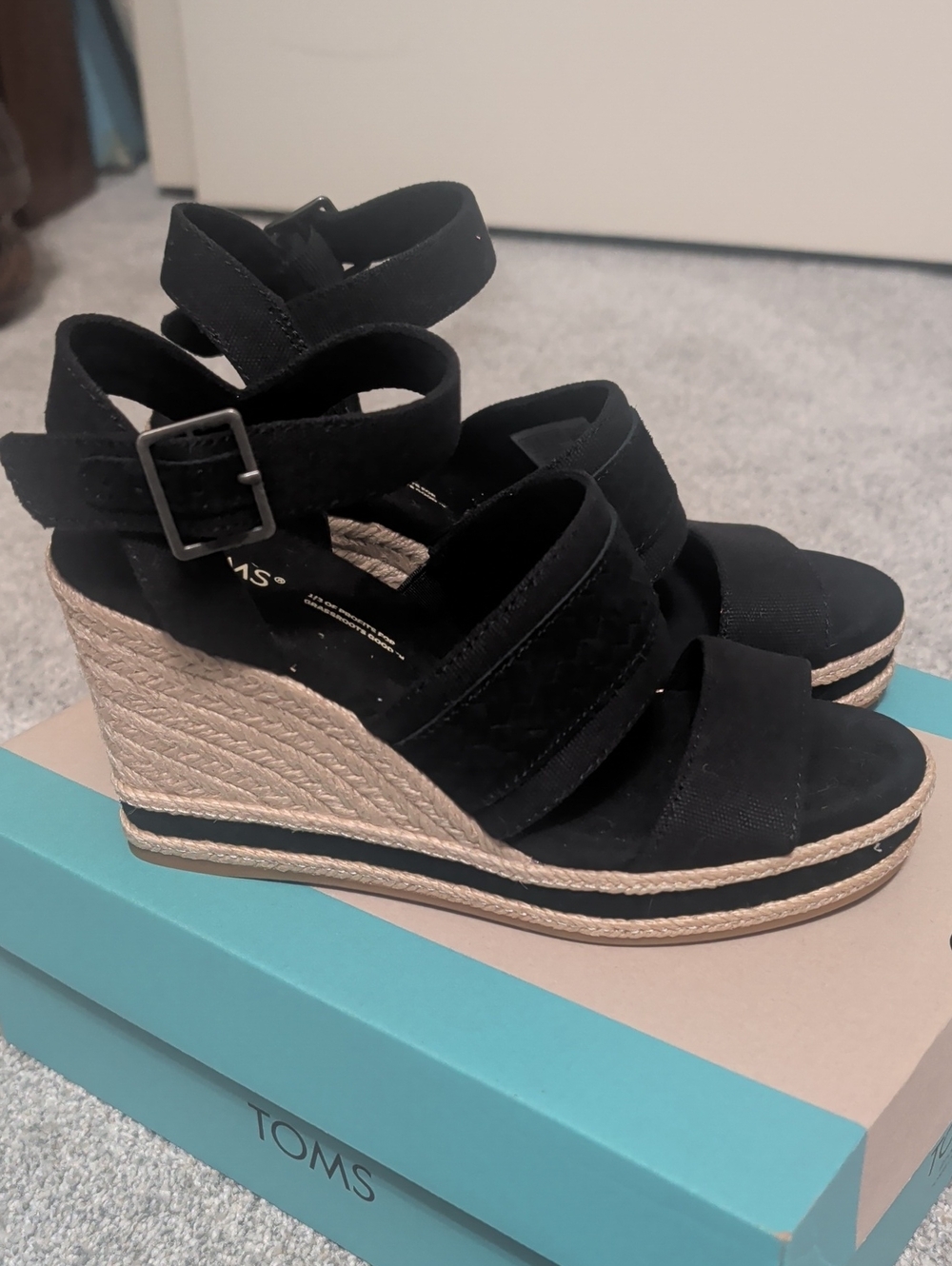 TOMS Black Suede Espadrille Wedge Sandals with Ankle Strap